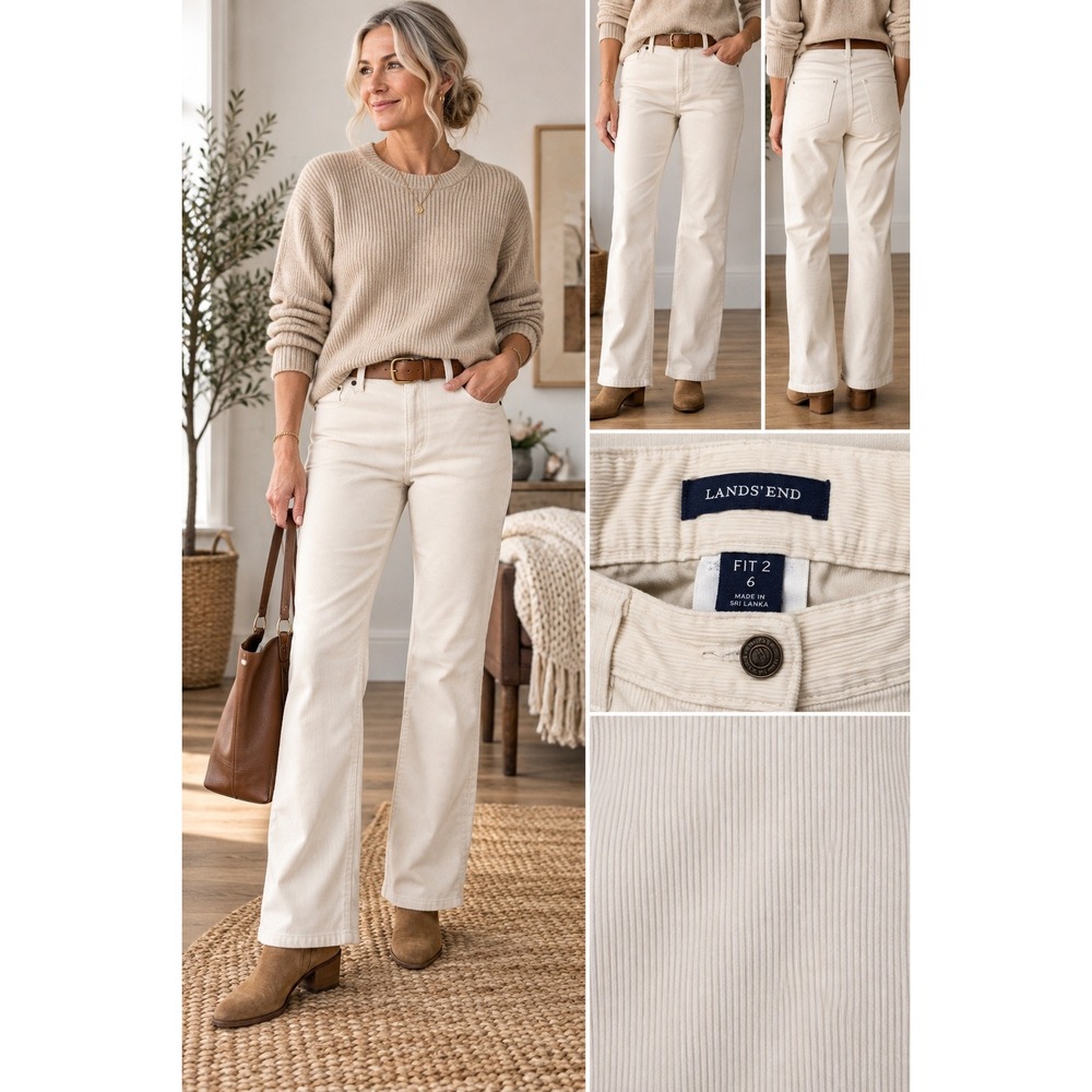 Lands' End Pants Corduroy Ivory Straight Leg Classic Size 6